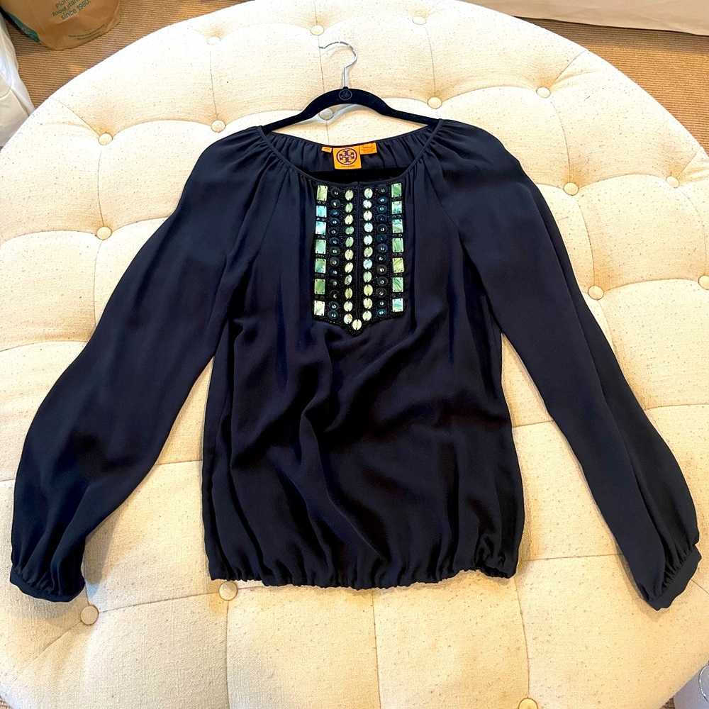 Tory Burch black silk blouse with beaded detail